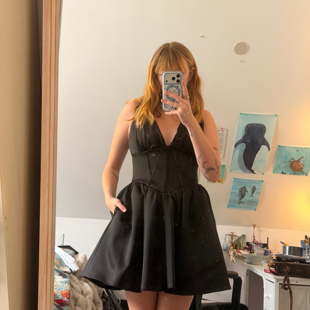 House of CB Black Sleeveless V-Neck Fit-and-Flare Mini Dress